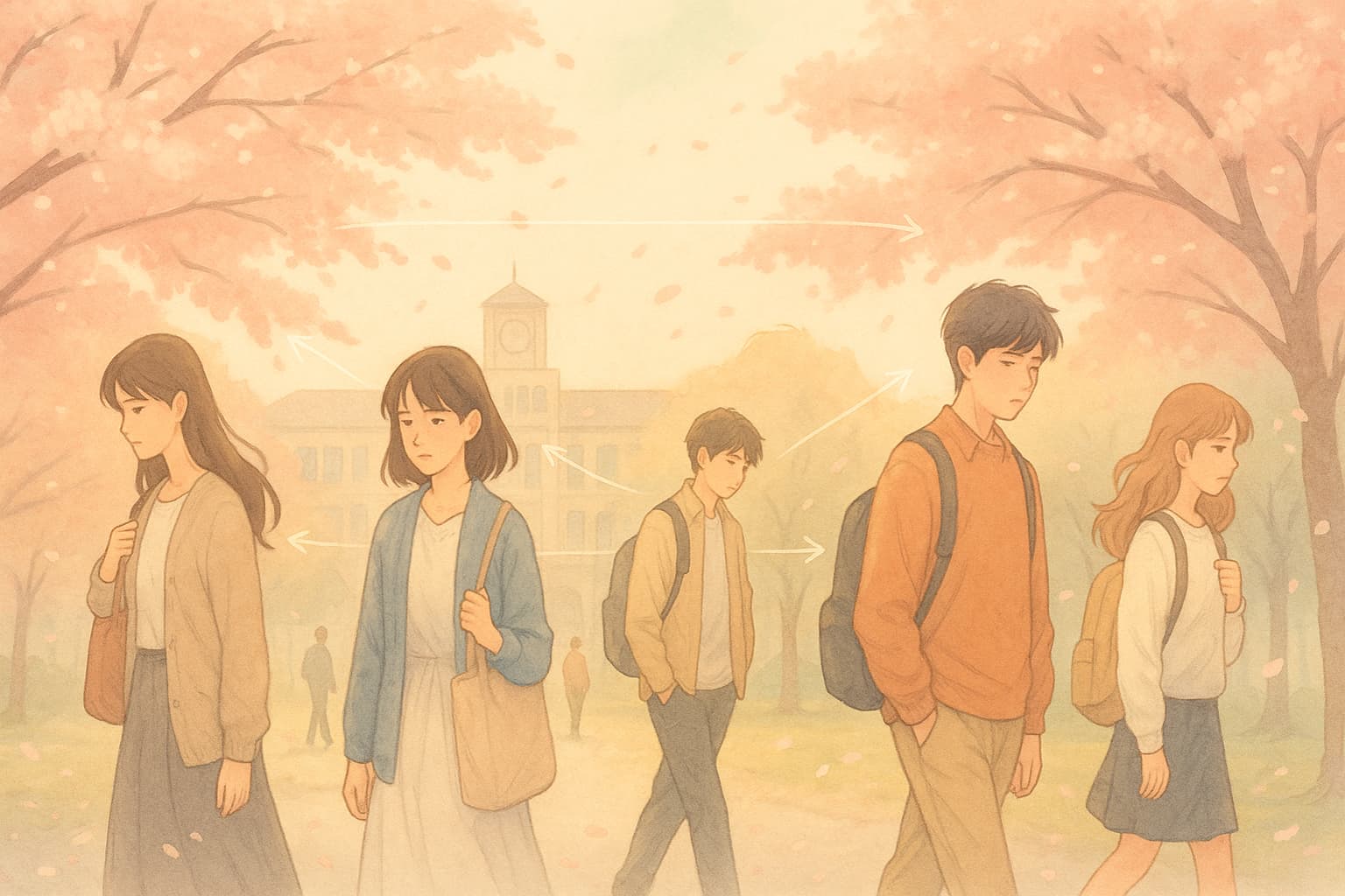 桜の舞う春の大学キャンパスで、思い思いの表情を浮かべながらすれ違う5人の大学生たち。