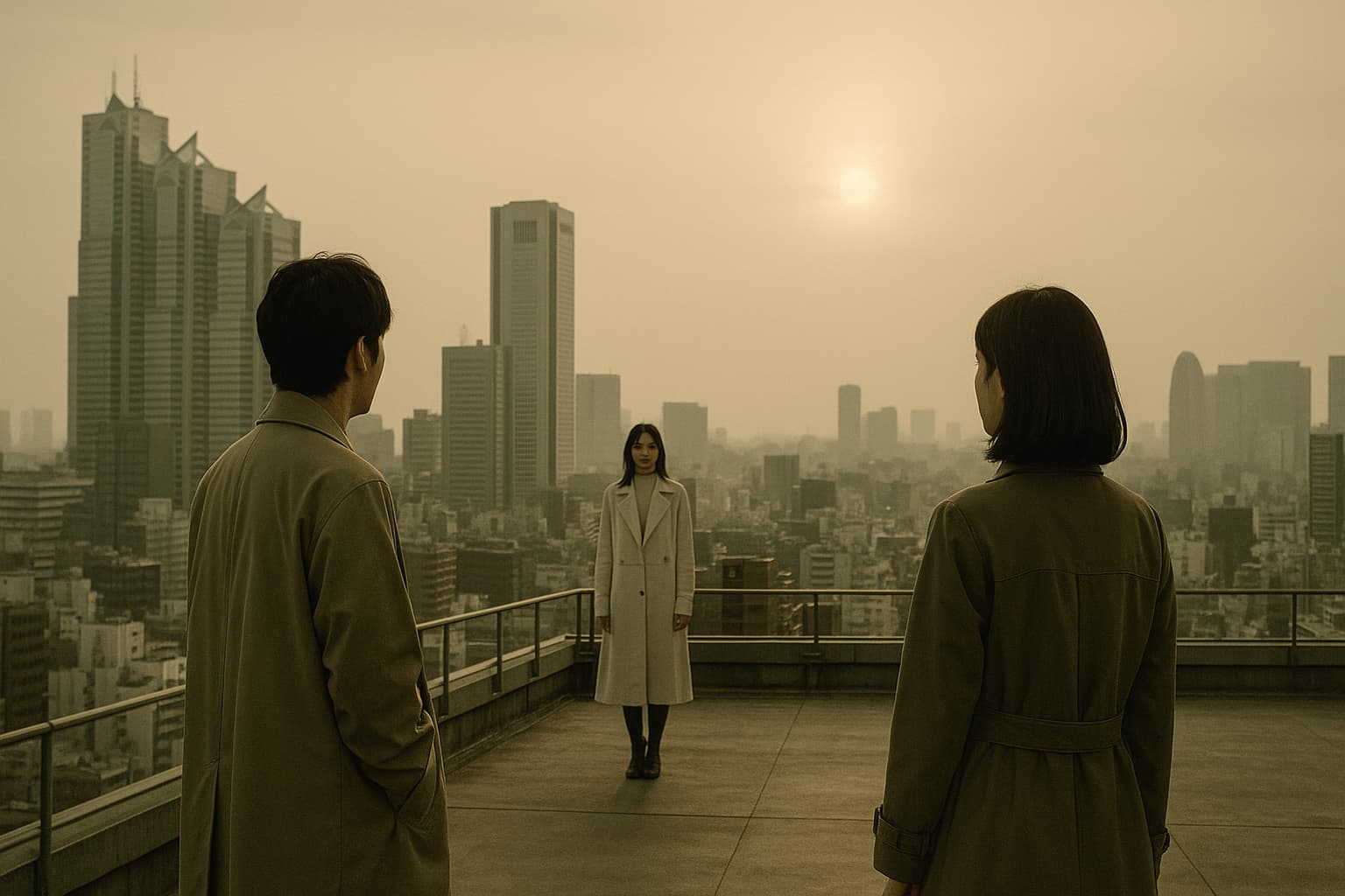 『東京サラダボウル』最終回を象徴する静かな都会の夕景。ビルの屋上に立つ男女2人（距離感は少しある）、それぞれが遠くを見つめる後ろ姿。片方は白いコートの人物が遠くからこちらを見ている。全体はセピア調で、哀しみと再生の余韻が漂うように。テーマカラーはベージュと薄いグリーン。
