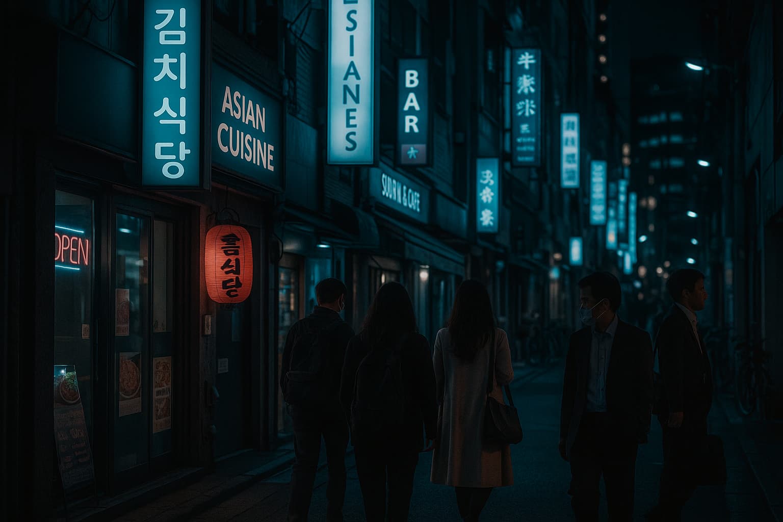 東京の夜、静かな裏通り。ネオンがぼんやりと灯るなか、外国語の看板や多国籍レストランが立ち並ぶ。歩道には外国人と日本人がすれ違い、誰もが孤独と共に歩いている。全体にやや青みがかった落ち着いたトーンで、都市の冷たさと人の温度が同居するイメージ。静かに“共に生きる”を問いかけるような情景。