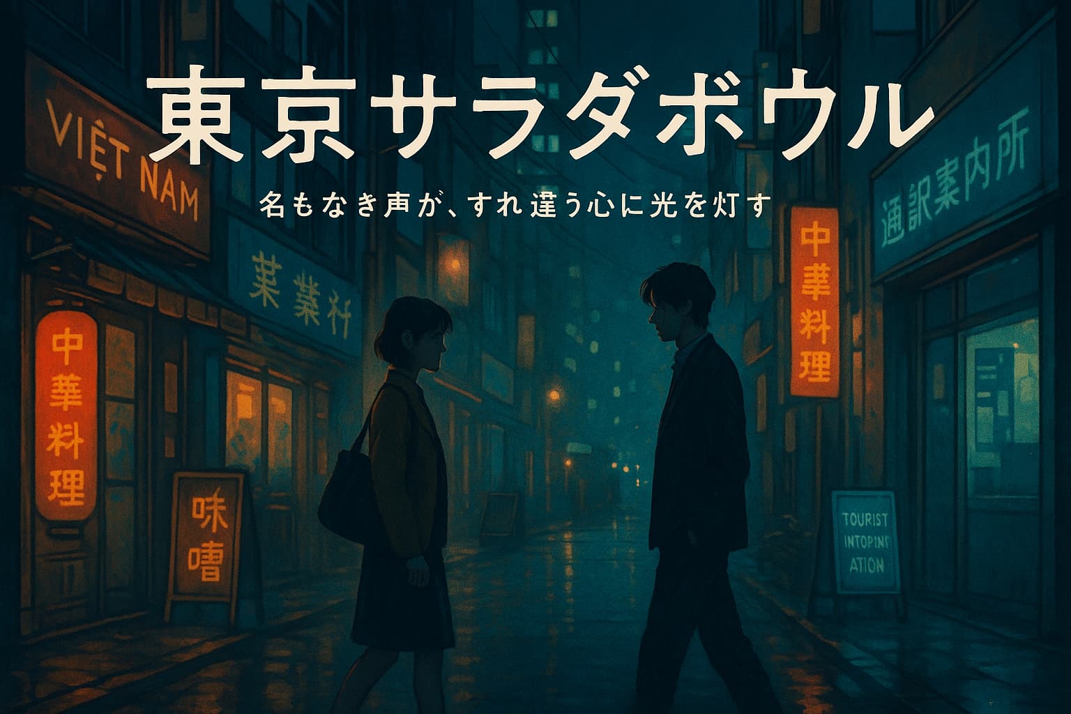 夜の東京の街角、ネオンが滲む静かな風景。歩道に立つ男女のシルエットがすれ違うが、互いに視線は交わさない。背景には外国語の看板や中華料理店、通訳案内所の文字が見える。画面全体に柔らかな光と孤独感、そして希望の余白を感じさせる色彩設計。