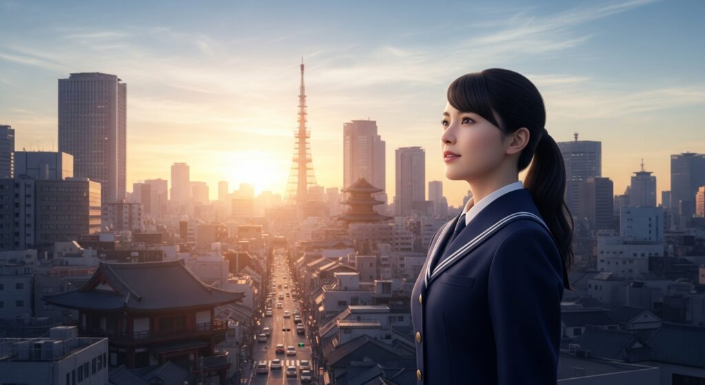 制服を着た女性がビルの谷間で一人立っている姿、静かに空を見上げている構図。