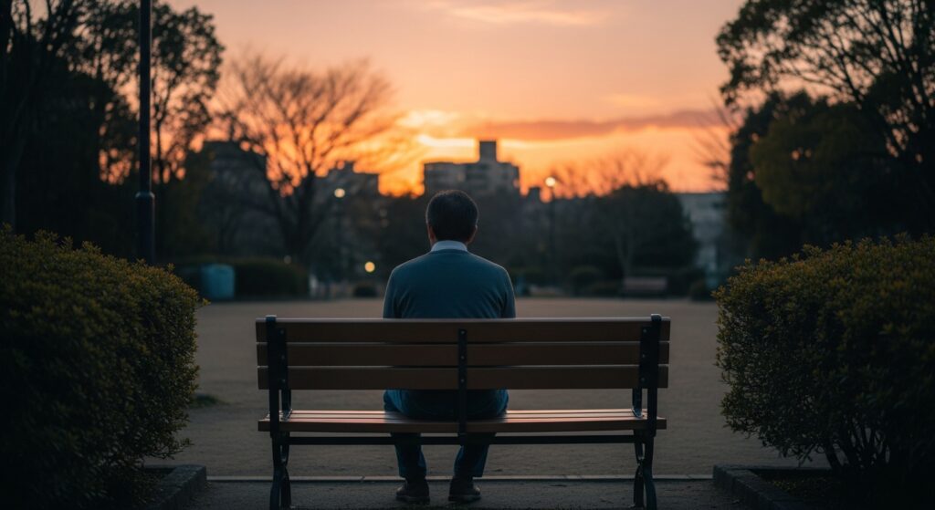 黄昏の都市公園のベンチ。誰もいないか、ひとりだけの後ろ姿。感情を語らない“間”と沈黙の時間。