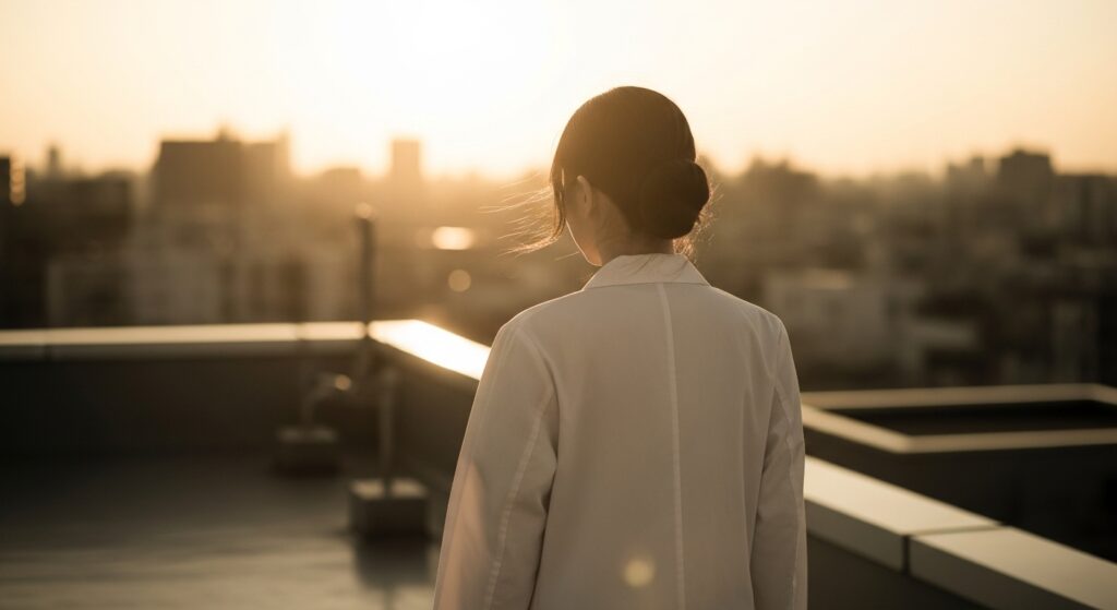 白いコートを着た女性が遠くに立っている、焦点の合っていないぼかし構図。