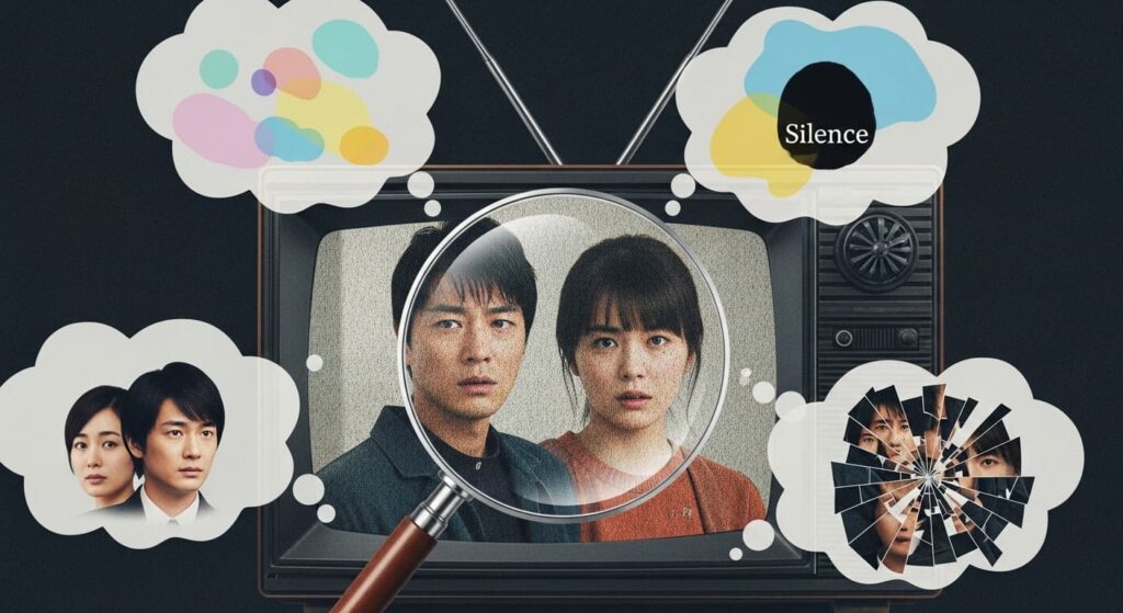 虫眼鏡越しにドラマのワンシーンが映し出され、その周囲に“共感”“沈黙”“視点”の吹き出しが浮かぶ。深く観ることの示唆。