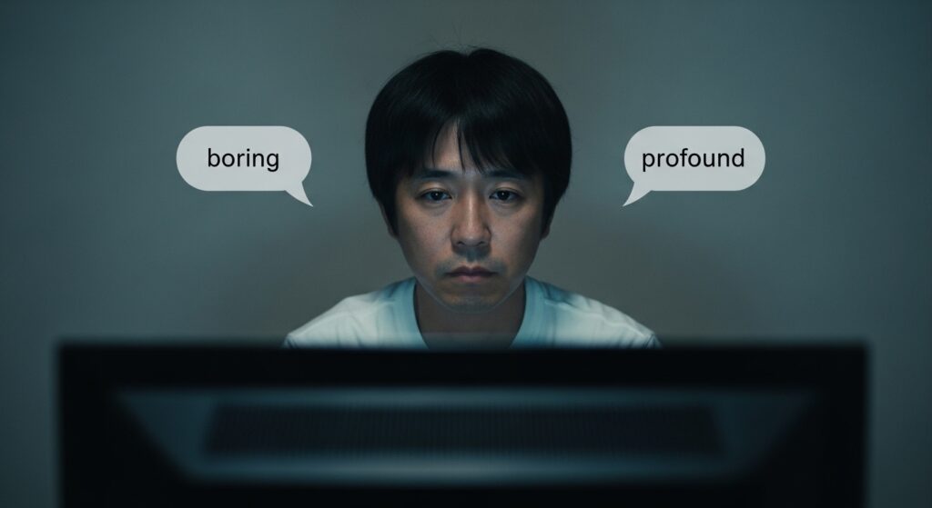 薄暗い部屋でテレビ画面を見つめる人物。画面の前には“つまらない”と“深い”という感想が交錯している。