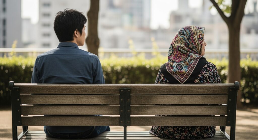 ベンチの端と端に座る日本人と外国人のシルエット。言葉を交わさない静かな共存の情景。