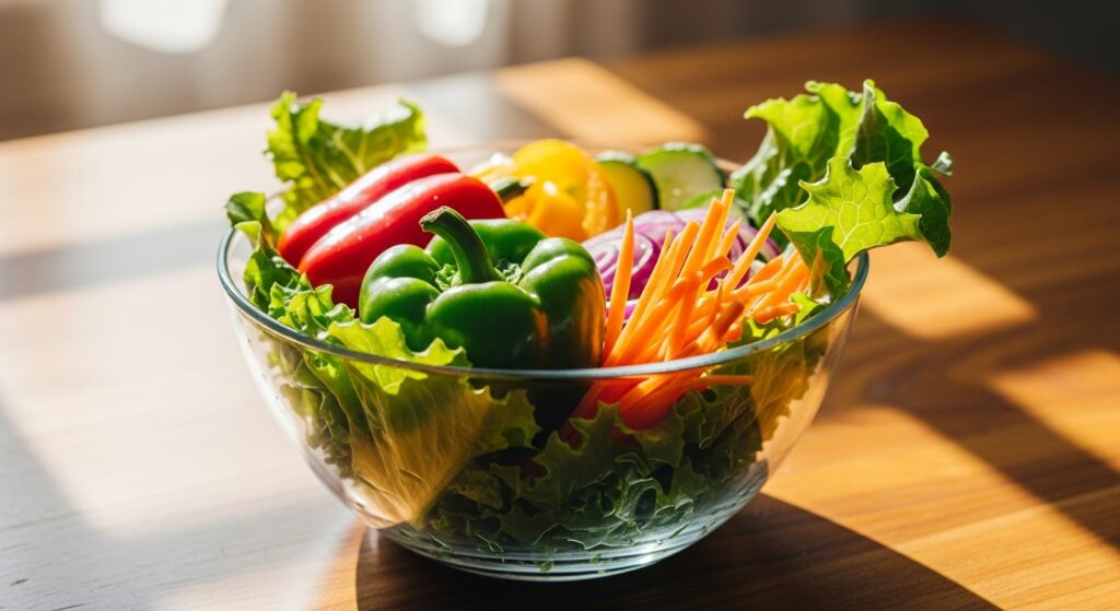 いろんな種類の野菜がひとつのガラスボウルに盛られている、光が差し込むダイニングテーブルの上。