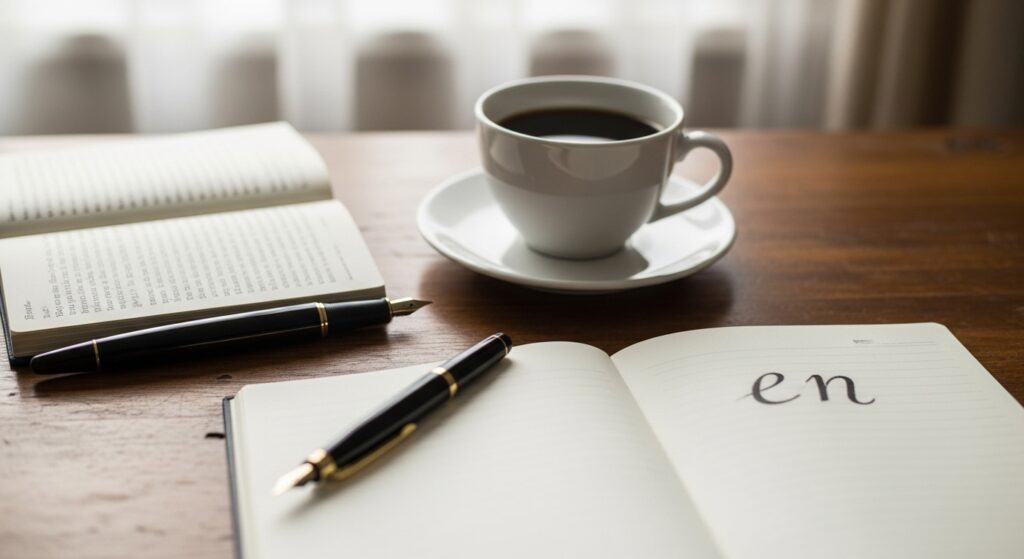 古い木の机の上に広げられた脚本と万年筆。横には一杯のコーヒーと、開かれたノートに“縁”という文字が手書きで書かれている。窓から柔らかな朝の光が差し込む、静謐で創作の始まりを感じさせる構図。
