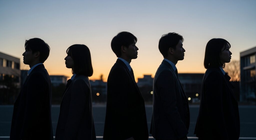 若い男女5人のシルエットが横一列に並び、それぞれが異なる方向を見つめている。背景は夕暮れの大学キャンパス。内面を物語るような静けさ。
