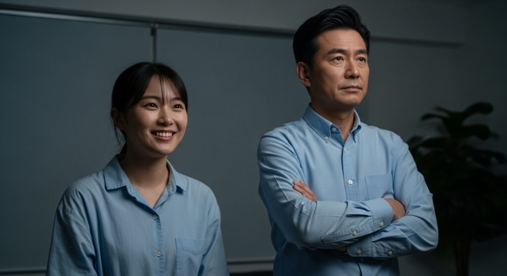 ドラマを観る2人の対照的な表情。片方は穏やかに微笑み、もう片方は腕を組んで無表情。感情の受け取り方の違いを示すシーン。