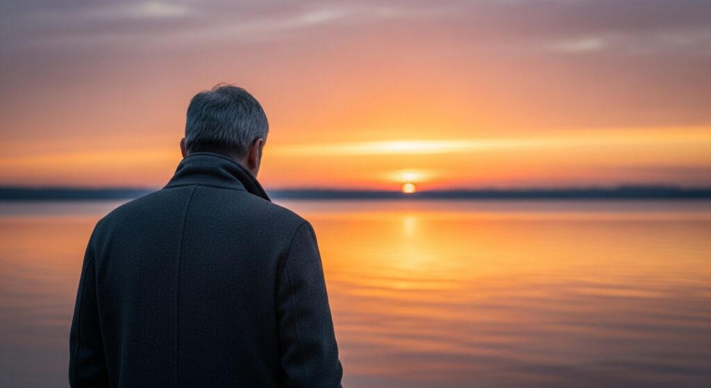 夕陽を背にした男性の後ろ姿、ひとりで立ち尽くすシーン。