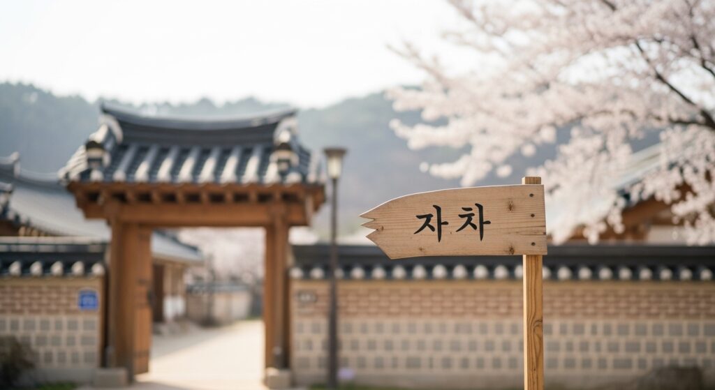 韓国の伝統家屋（韓屋）の門の前に、小さな木札で“인연（縁）”と書かれた文字が風に揺れている。背景はやわらかく霞んだ春の町並み。淡い桜色の光と共に、静けさとあたたかさが漂う構図。