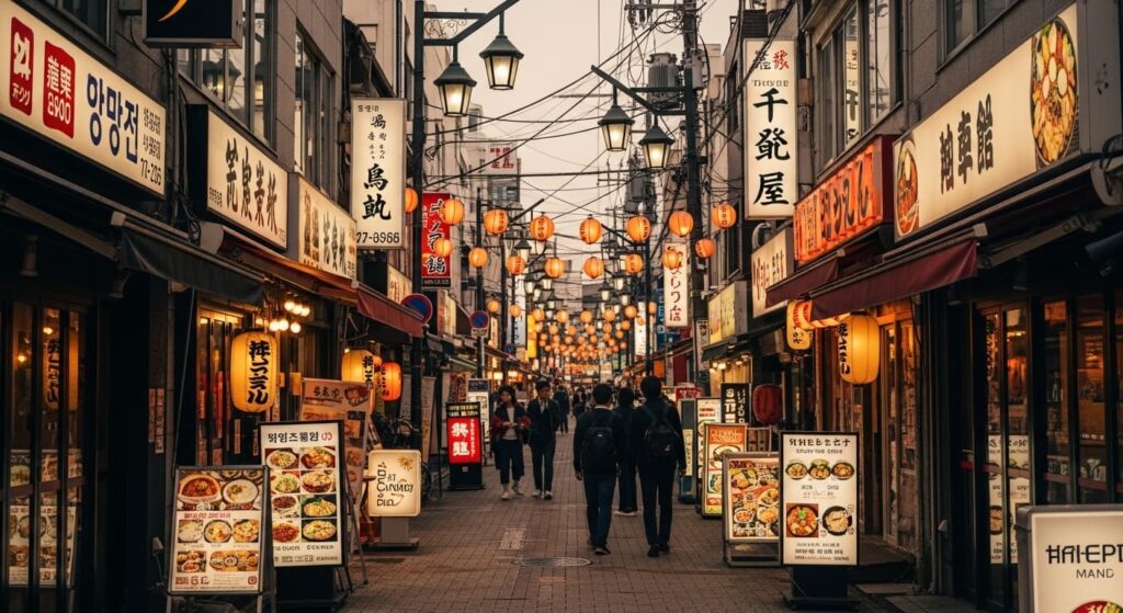多国籍な看板が立ち並ぶ新大久保の夕暮れの商店街。東京における多文化共生の象徴的な風景。