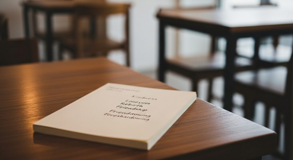 ノートの上に「優しさ」「孤独」「再生」「友情」「伏線」と手書きされたメモが並んでいる。カフェのテーブルの上、穏やかで思索的な雰囲気。