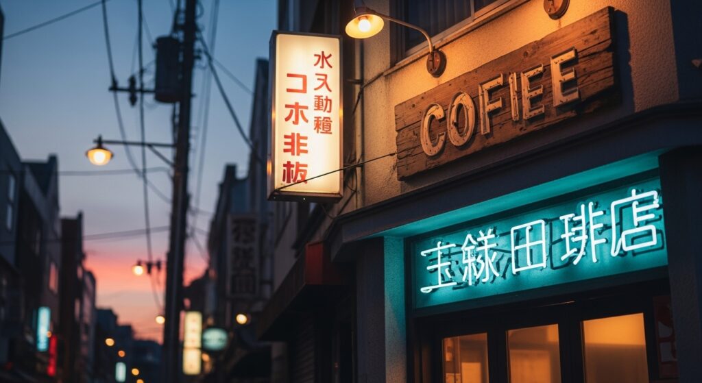 昭和レトロな雰囲気が漂う商店街の片隅にある純喫茶の外観。夕暮れ時、ネオンがやさしく灯っている。