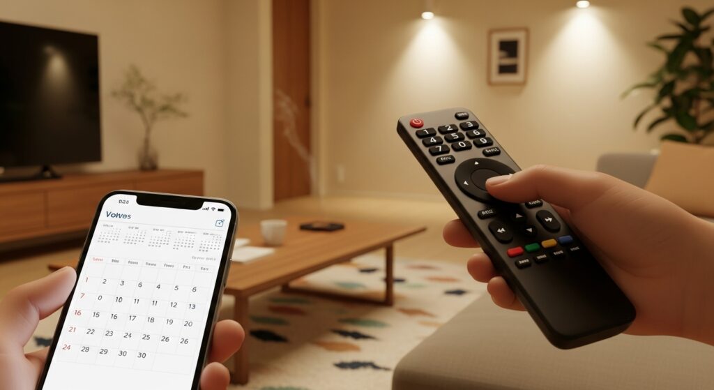 カレンダーとテレビリモコン、スマホで番組を検索している手元のイメージ。