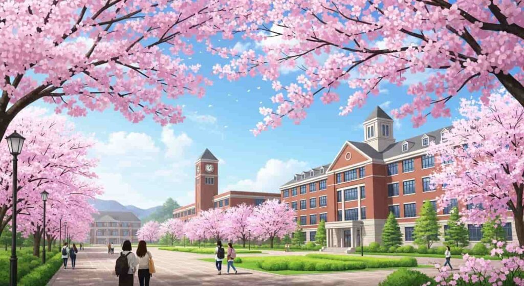 桜が咲き誇る大学キャンパス。時計塔と煉瓦造りの校舎が奥にあり、数人の学生が歩いている穏やかな春の風景。希望と始まりを感じる描写。