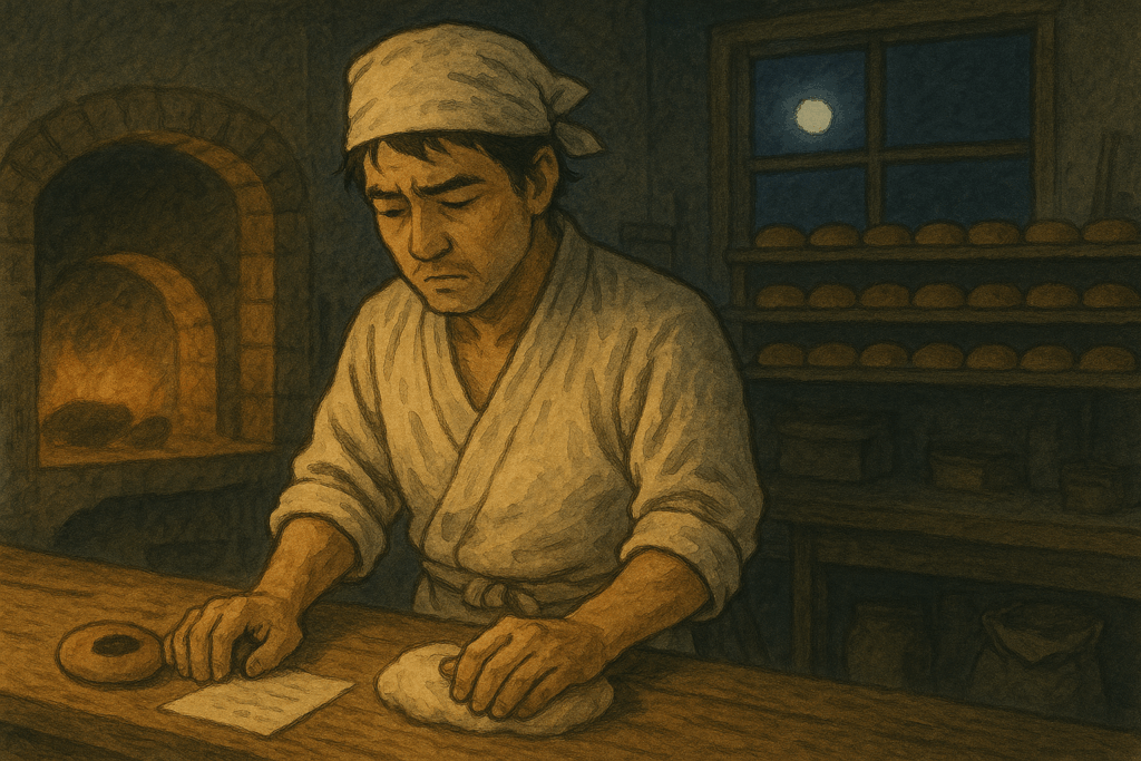 夜の厨房でひとり旅立つ準備をする職人