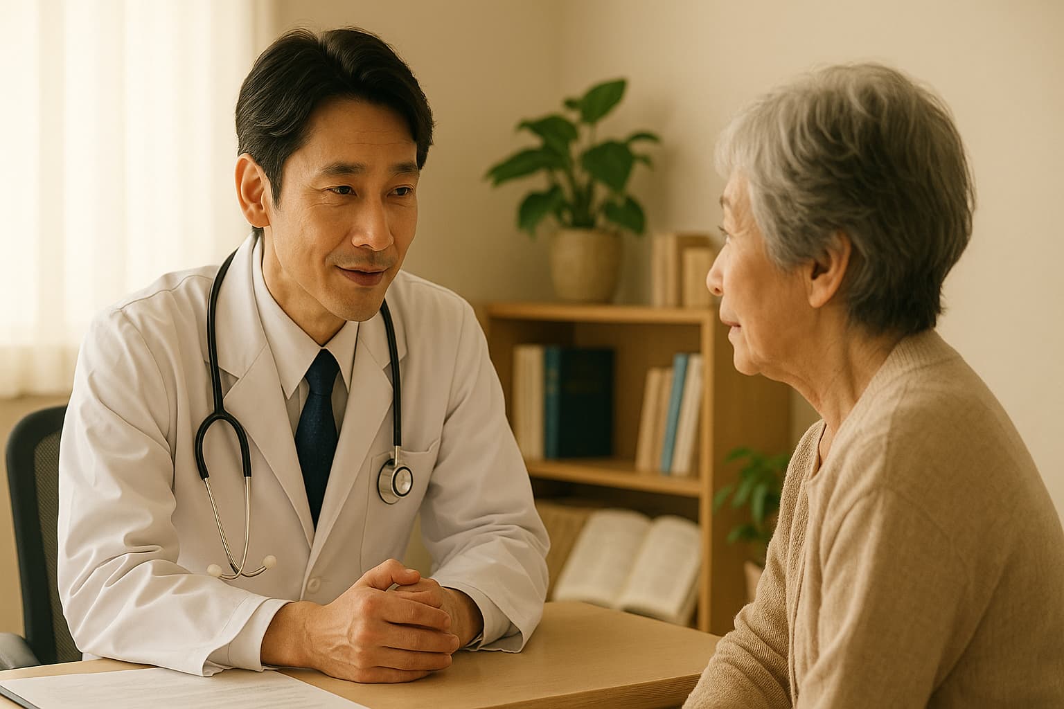 病院の診察室の中、穏やかな表情の医師が患者に静かに語りかけている瞬間。優しい自然光が差し込み、室内は清潔感と温かみのある色調で統一されている。医師は白衣を着て、落ち着いた雰囲気。患者は年配の女性で、少し不安そうだが、医師の眼差しに安心している様子。背景には医学書や観葉植物が見え、リアルで温かな医療の空間を表現。日本のドラマ的な柔らかな光と静けさを意識した構図。