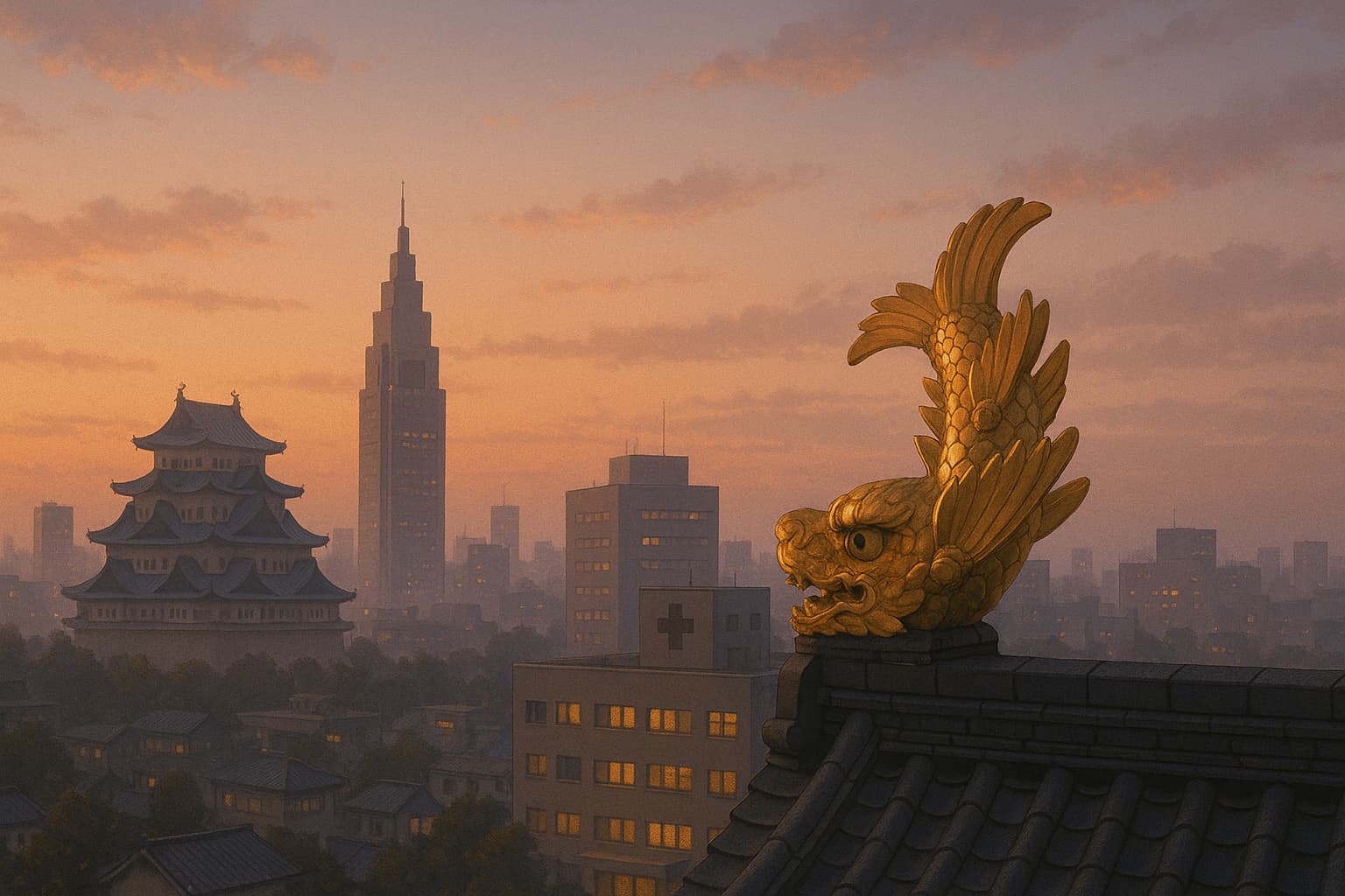 名古屋の街並みと金の鯱が静かに重なる夕暮れの風景。病院のシルエットが遠くに見え、温かみのある光が診察室から漏れている。全体に淡いトーンで、感情と静けさがにじむような雰囲気。