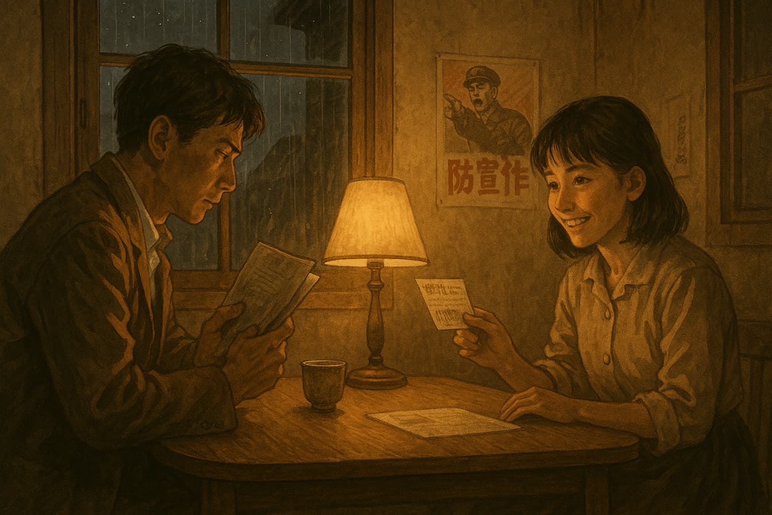 昭和初期の東京の下宿部屋。雨音が聞こえる静かな夕暮れ、ちゃぶ台をはさんで向かい合う兄妹。兄は雑誌原稿を握り、妹は新聞の切り抜きを差し出して微笑む。外には戦時下のポスター、室内は電灯ひとつの柔らかい光。沈黙とやさしさが交差する情景。