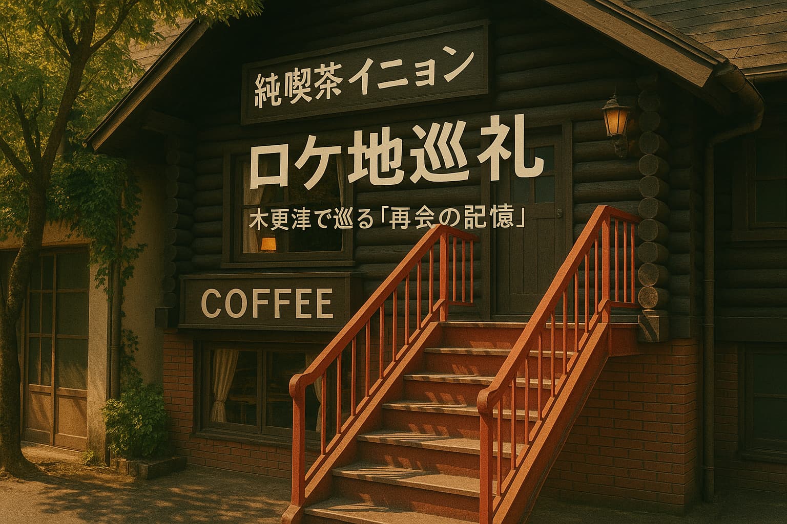昭和レトロな喫茶店の外観、赤い階段が印象的。静かな午後の木漏れ日が差し込む。韓国ドラマの雰囲気を感じるノスタルジックな色調。『純喫茶イニョン ロケ地巡礼』の文字入り