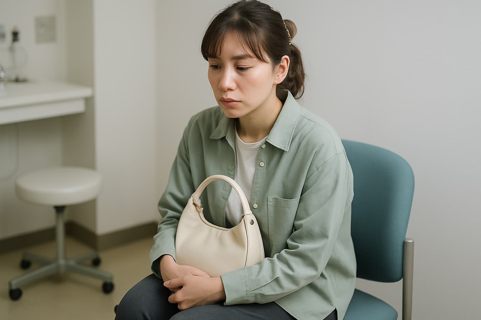 病院の診察室の椅子に静かに座る30代女性。淡いクリーム色のバッグを膝の上に抱え、唇は乾いて少し色が薄く、疲れた目元で床を見つめている。服装はライトグリーンのシャツと落ち着いた色のパンツ。背景は少しぼかした白い診察室。全体的に柔らかい光で静謐な雰囲気。痛みと孤独を静かに抱えた印象。