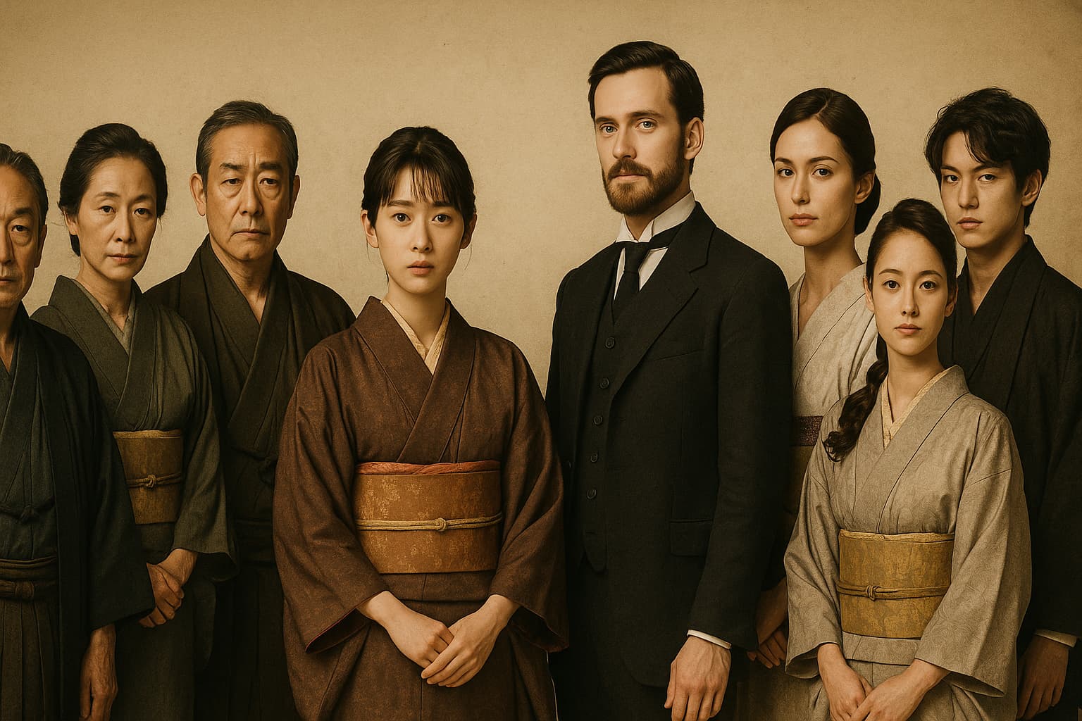 明治時代風の衣装をまとった男女8人が並ぶ集合ポートレート。中央には着物姿の若い日本人女性と、西洋のスーツを着た男性が並び、左右に日本の家族や親戚、町の人々を思わせる人物たちが配置されている。背景は和紙風のくすんだベージュで、全体に穏やかで静謐な雰囲気が漂う。言葉はないが、それぞれの表情や立ち位置から、家族や異文化との関係性が伝わる構図となっている。