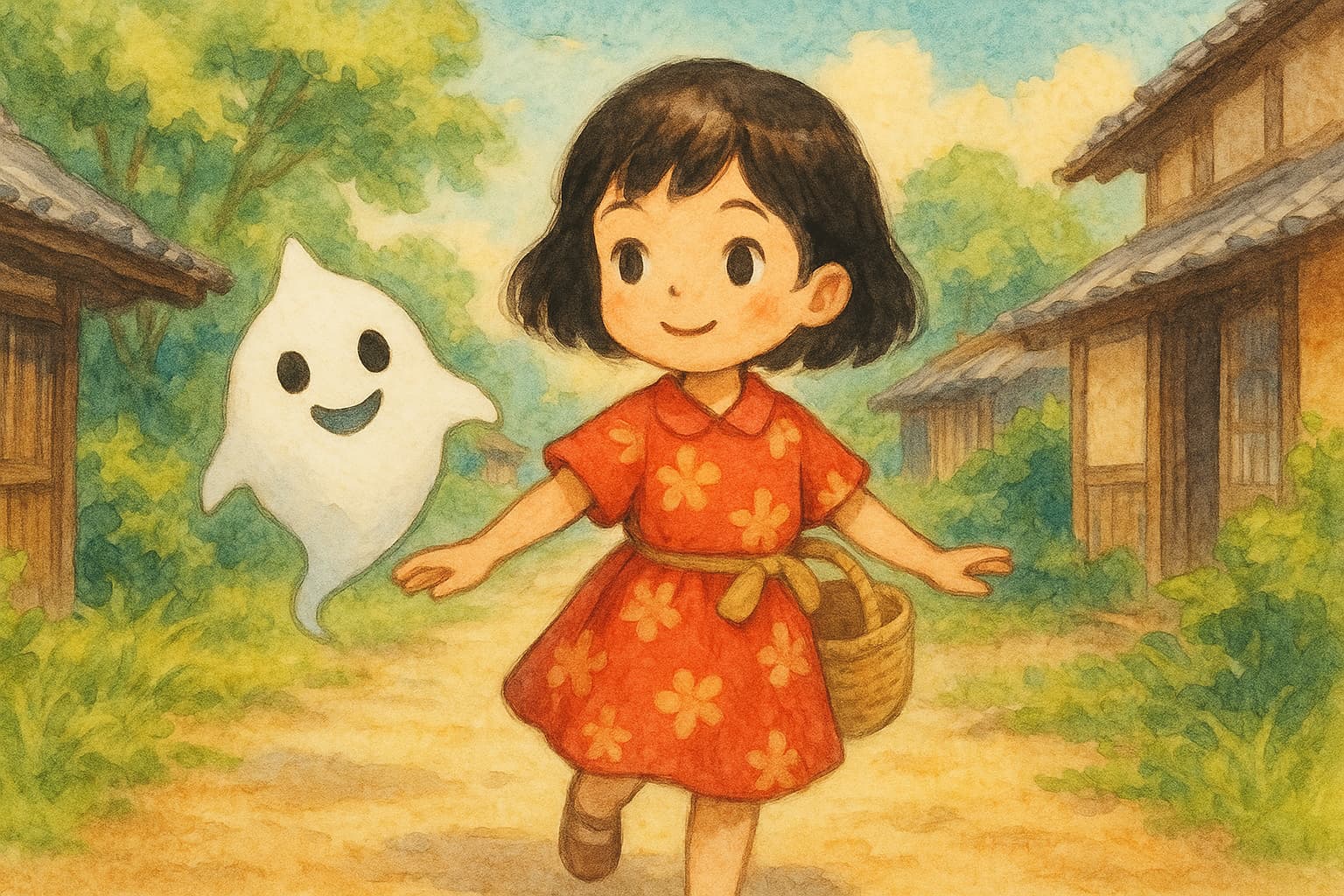 昭和風の日本の田舎道を、赤い花柄ワンピースの少女がかごを手に笑顔で歩いている。隣には、にっこりと笑う白いおばけのようなキャラクターが寄り添っている。あたたかく優しい水彩画タッチで描かれた、童話のような風景。