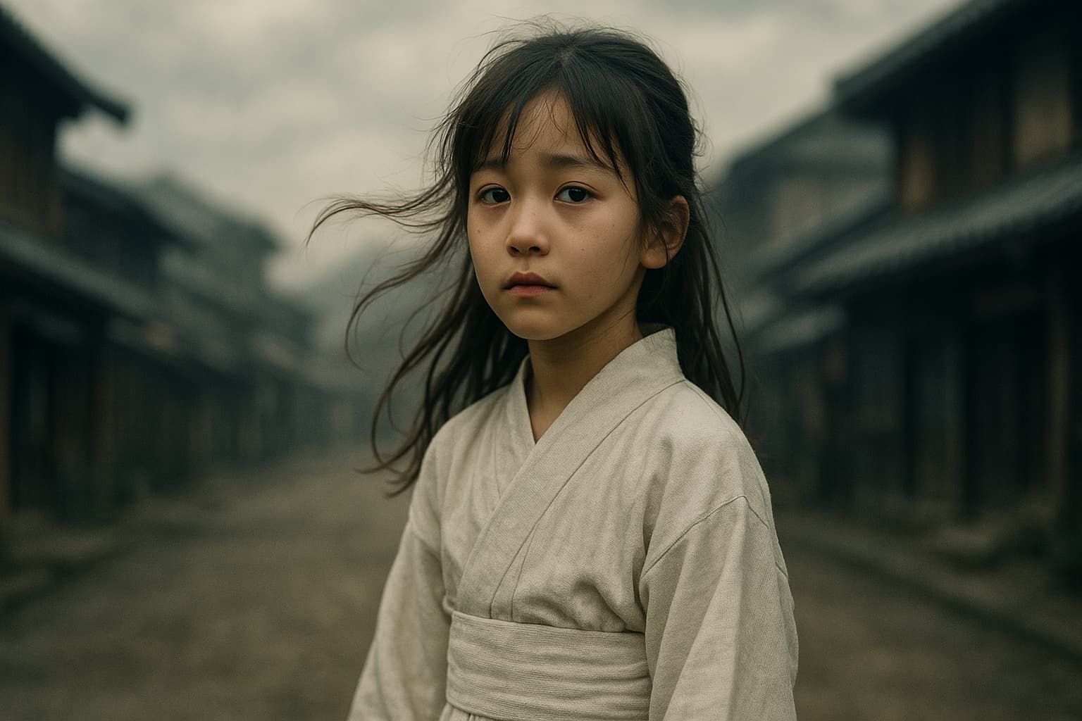 明治時代の静かな町並みに佇む10歳前後の少女。白い着物をまとい、風に髪をなびかせながら遠くを見つめている。曇り空の下、哀しみと希望が交錯するような表情が印象的な、詩的でノスタルジックな雰囲気の一枚。