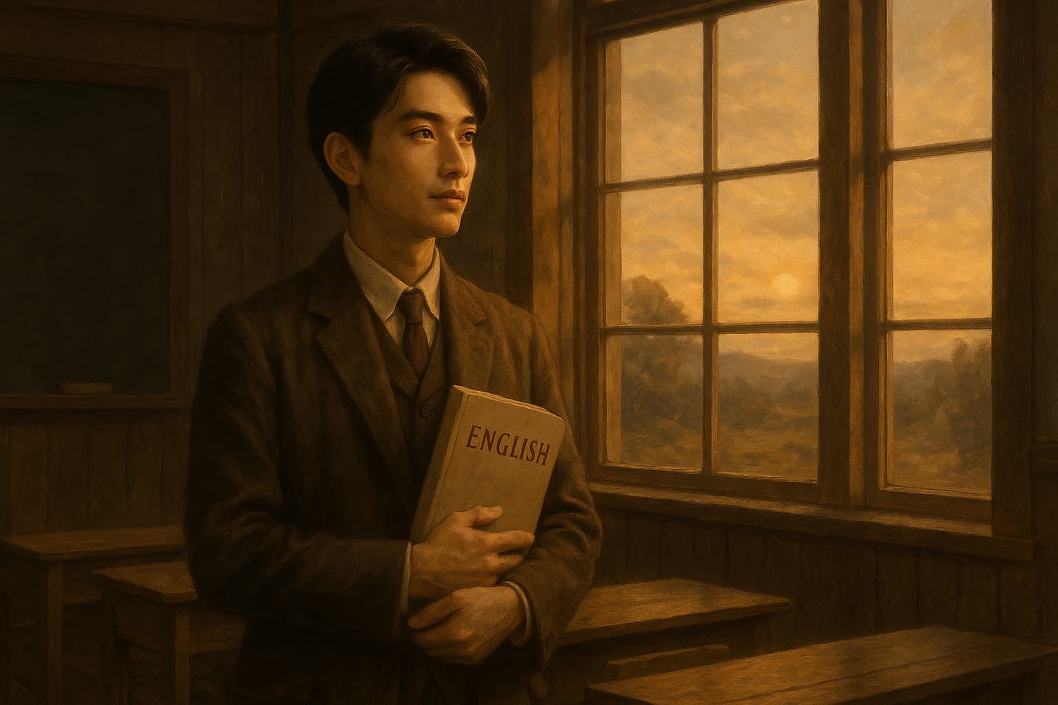 明治時代の木造教室で、英語の教科書を胸に抱きながら夕暮れの窓辺に佇む若い日本人教師。柔らかな夕陽が教室を包み、静かな決意と優しさを湛えた表情が印象的。