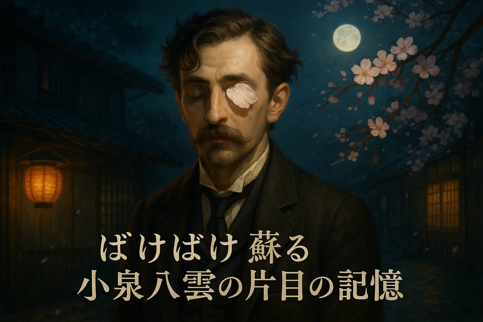 19世紀末の西洋人男性が、夜の日本の町並みに佇んでいる。彼の左目には桜の花びらが一枚そっと乗っており、視線は閉じられている。背景には満月と夜桜、柔らかな灯りをともす和風の家屋が静かに描かれている。画像には「ばけばけ 蘇る小泉八雲の片目の記憶」というタイトル文字が添えられている。