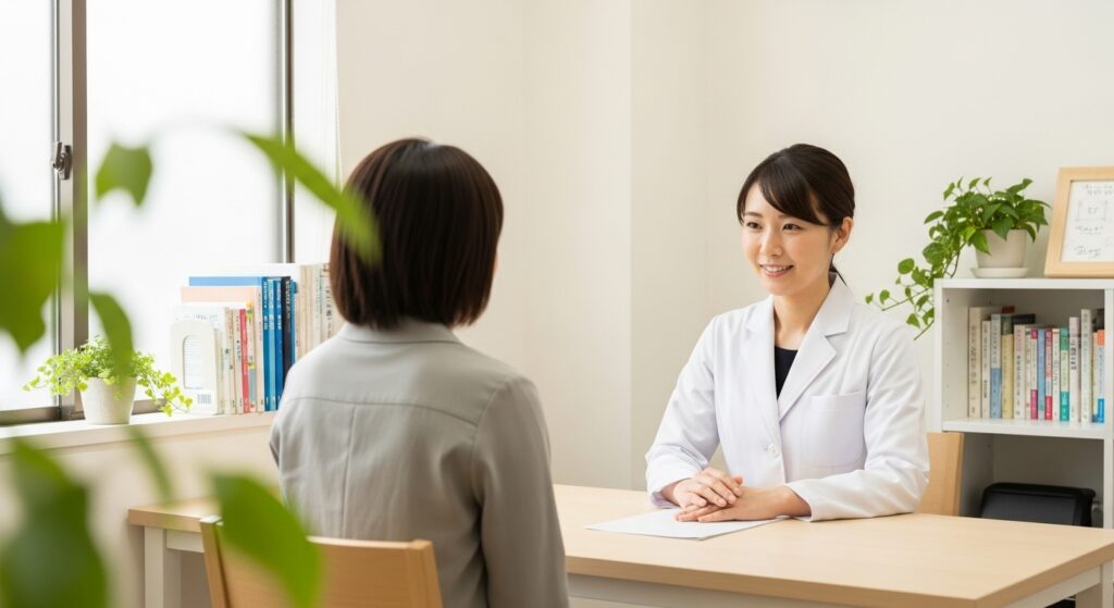 柔らかな光が差し込む日本の診療室。優しい医師が机越しに患者の話に耳を傾けている。室内は静かでミニマルな空間。背景には本や観葉植物があり、信頼感が漂っている。