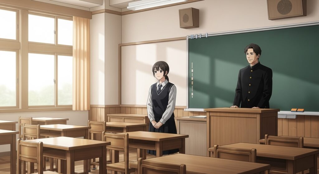 教室の中、木製の机と黒板のある明治時代の校舎で英語を教える青年教師。教壇に立ち、淡く微笑む黒学生服姿の男性。柔らかい自然光が差し込む静かな空間。