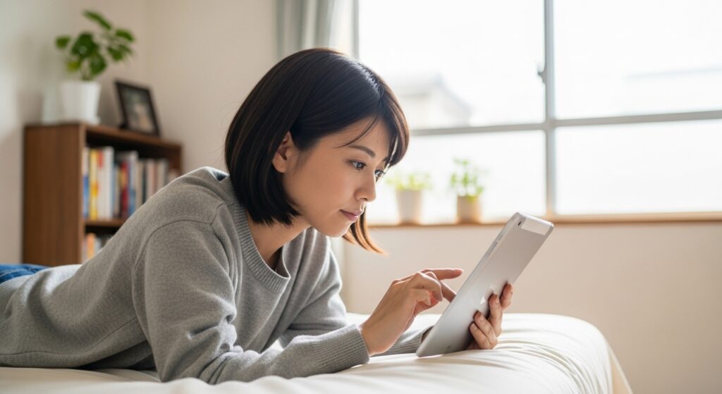 ベッドに寝転びながらタブレットを操作している日本人女性。リラックスした服装で、画面に夢中。背景には日常感のあるインテリアと、自然な光が差し込む窓