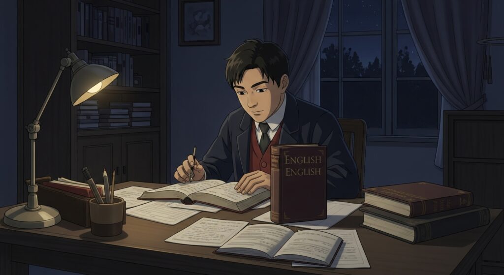 明治時代の勉強部屋。辞書とノートを広げ、真剣なまなざしで英語の勉強をする青年。ランプの光に照らされた静かな夜の室内。