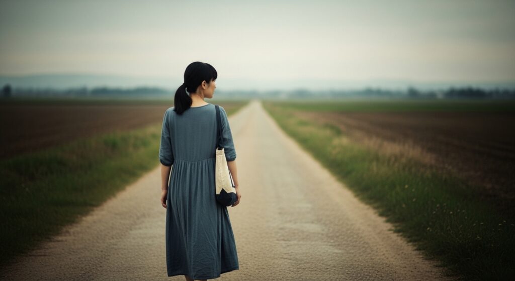  地図のない道をひとり歩く後ろ姿の女性（ややモノクロ調）