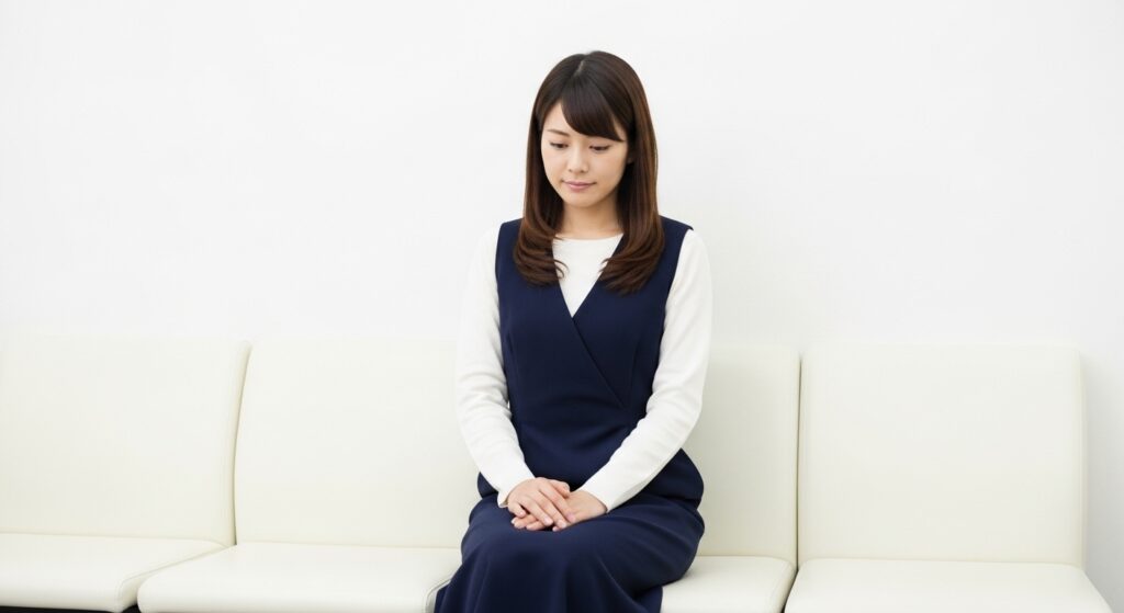 白い待合室のベンチに一人で座る女性。両手を膝の上に重ね、静かに下を向いている姿が穏やかに描かれている。
