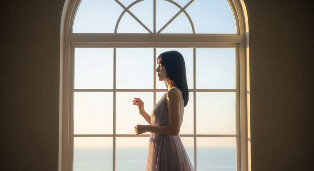 朝の光が差し込む窓辺に立つ女性。透明感のある空気、優しいまなざし。希望と再生を象徴する淡いブルーとゴールド。