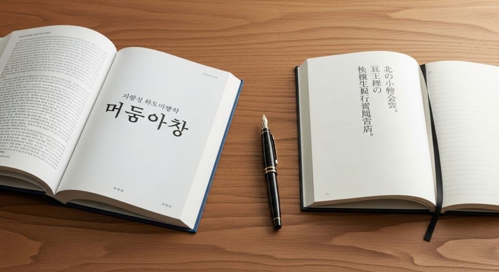 木の机の上に開かれた2冊の本。ひとつは韓国語、もうひとつは日本語。並べられた万年筆とノート。文化の比較を象徴する落ち着いた構図。