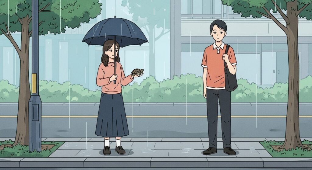 雨上がりの歩道に立ち止まる女性。手には小さな亀。背後に優しい表情の男性。感情が交差する落ち着いたシーン。和やかで静かな光景。