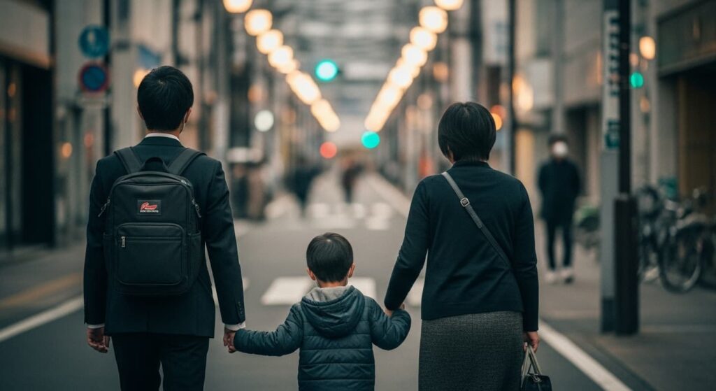 名古屋の街角を歩く人々の後ろ姿。通勤中の会社員、夕飯帰りの親子など、暮らしの一場面。少しノスタルジックな光と影。