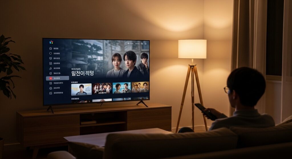 暖かみのある照明に包まれたリビングで、大型のスマートテレビにストリーミング画面が表示され、韓国ドラマを視聴している人物。リモコンを手に、静かに作品に見入る様子が描かれ、くつろぎと集中が共存する空間が表現されている。