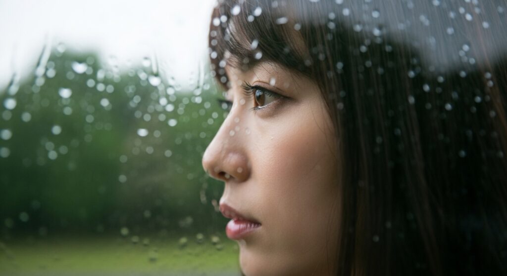  雨粒がついた窓越しに、ぼんやり映る女性の横顔
