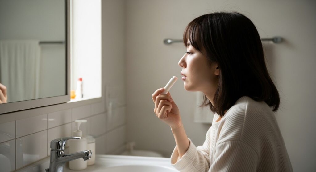 洗面台の鏡をぼんやりと見つめる女性の横顔。手にはリップクリームを持ち、静かな自然光に包まれている。