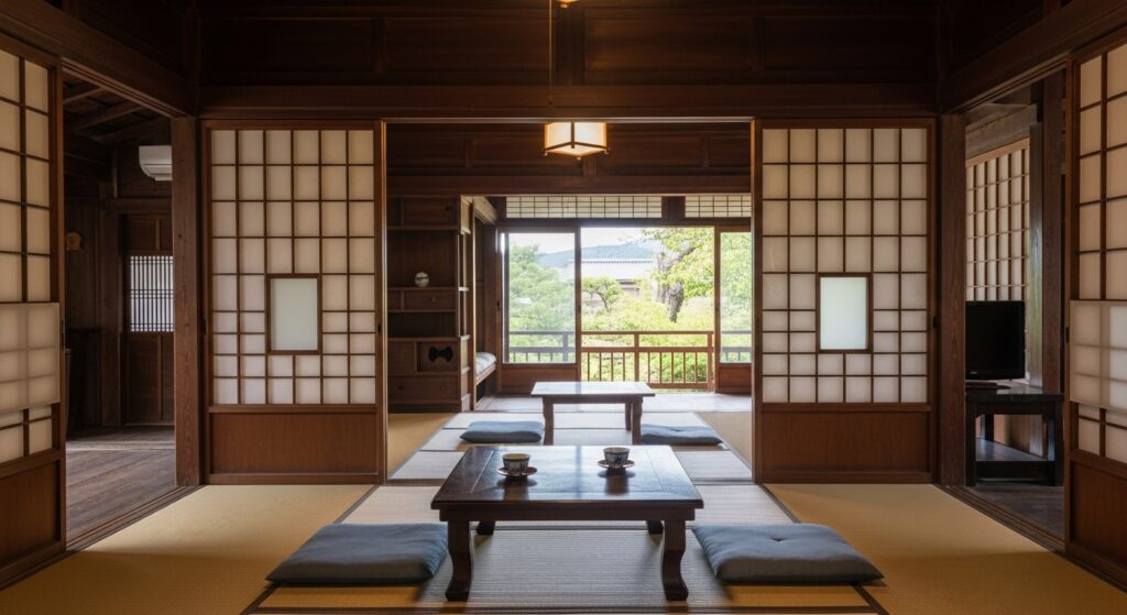昭和初期の木造の家。ちゃぶ台に湯呑みが二つ置かれたまま、誰もいない部屋。障子越しに人の気配だけがにじむ、静かな生活の風景。