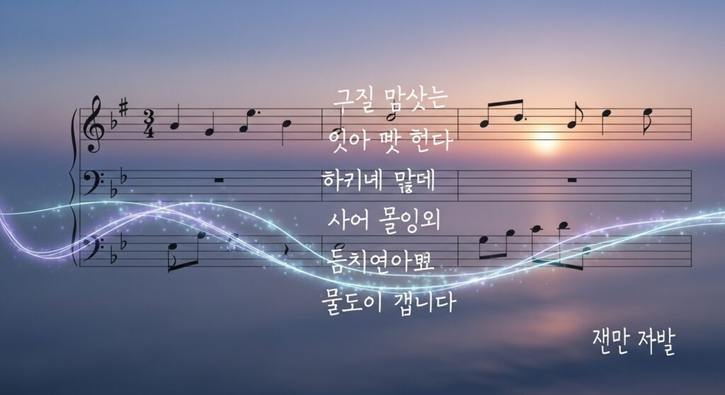 韓国語の手書き歌詞が風に舞う。背景には五線譜と淡い光。哀しみと美しさが同居する静かな世界観。
