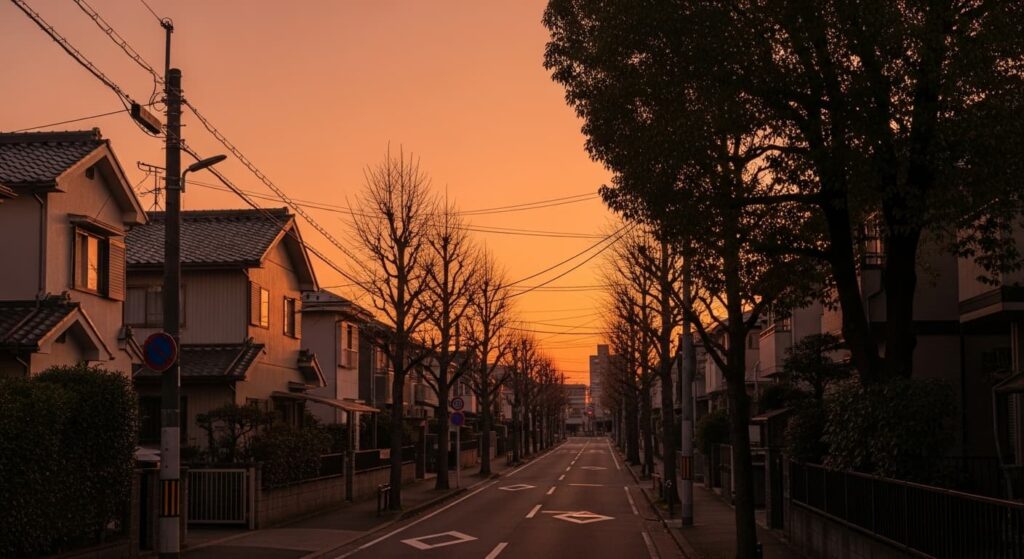 静かな夕暮れの名古屋市緑区・徳重周辺。住宅街の坂道にオレンジ色の光が差し込み、家々の屋根が柔らかく染まっている。生活の温もりと郷愁を感じさせる構図。