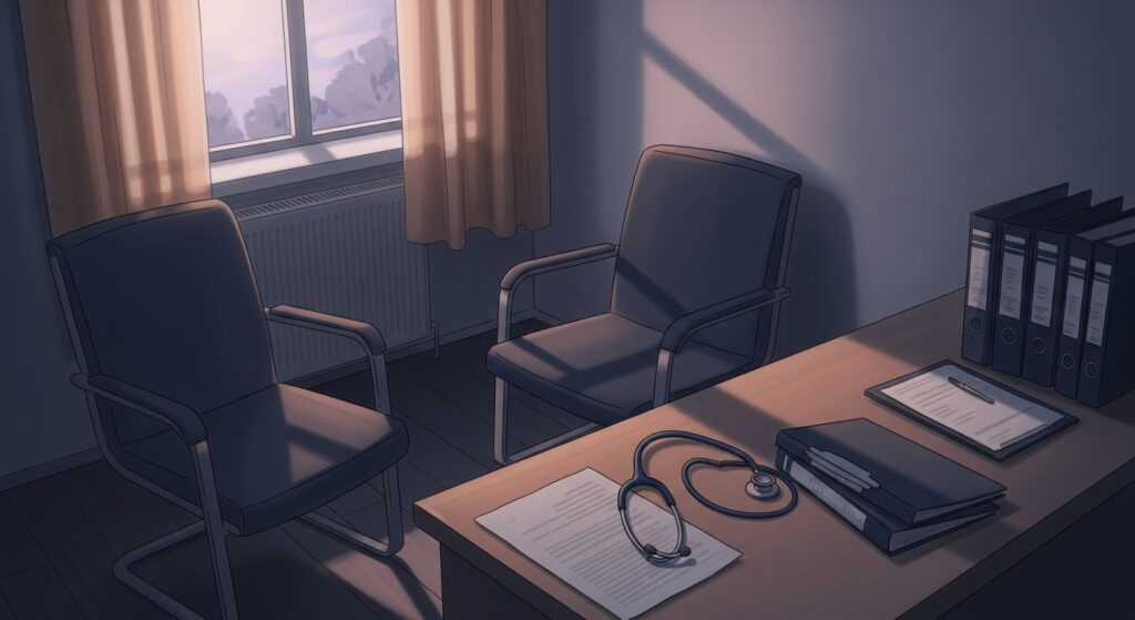 静かな診察室のイラスト。椅子が2脚、机の上にカルテと聴診器。窓の外には淡い夕日が差し込んでいる、感情的で詩的な構図。
