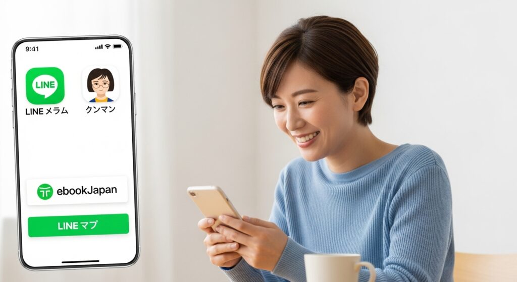 スマホ画面を見てうれしそうに微笑む日本人女性。LINEマンガやeBookJapanのアプリアイコンが見えるような構図。部屋は明るく、机の上にはマグカップが置かれている